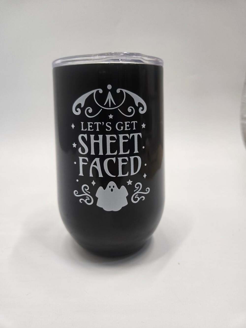 Zinny Let's Get Sheet Faced Halloween 16 Oz Stainless Steel Goblet Black Ghost